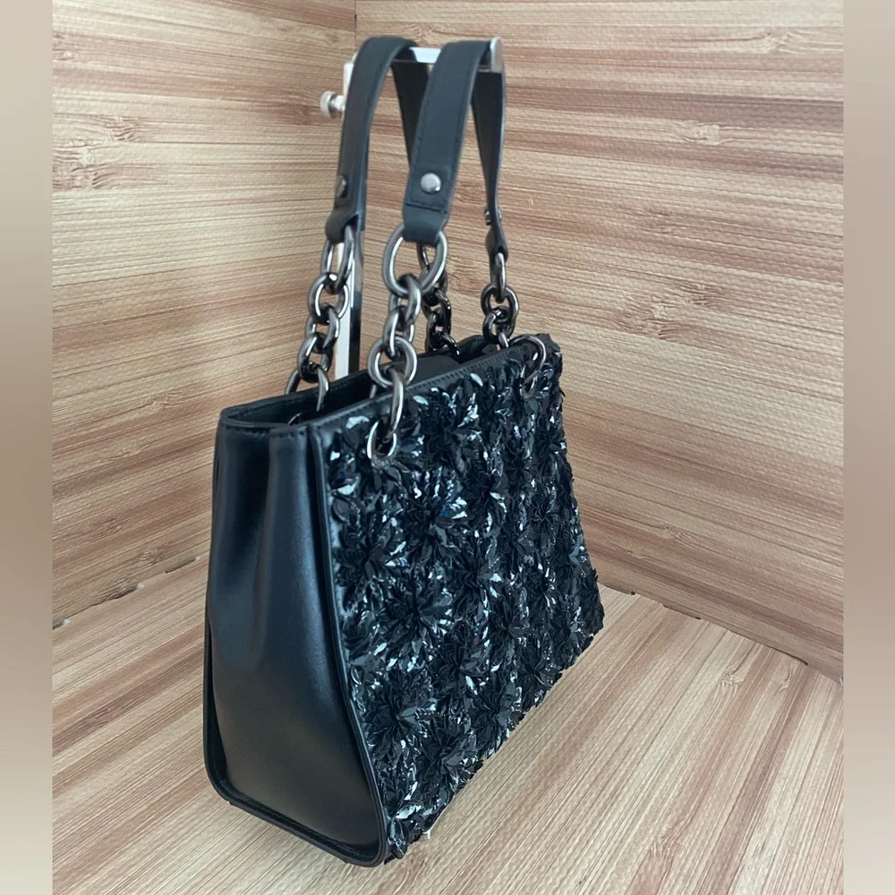 Michael Kors Floral Burst Satchel Crossbody Bag Black Leather Bag EUC